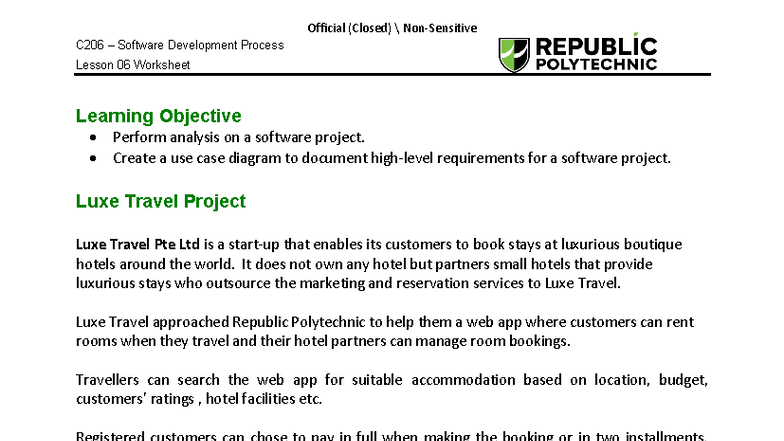 C206 Software Development Process L06 Worksheet: Luxe Travel Use Case ...