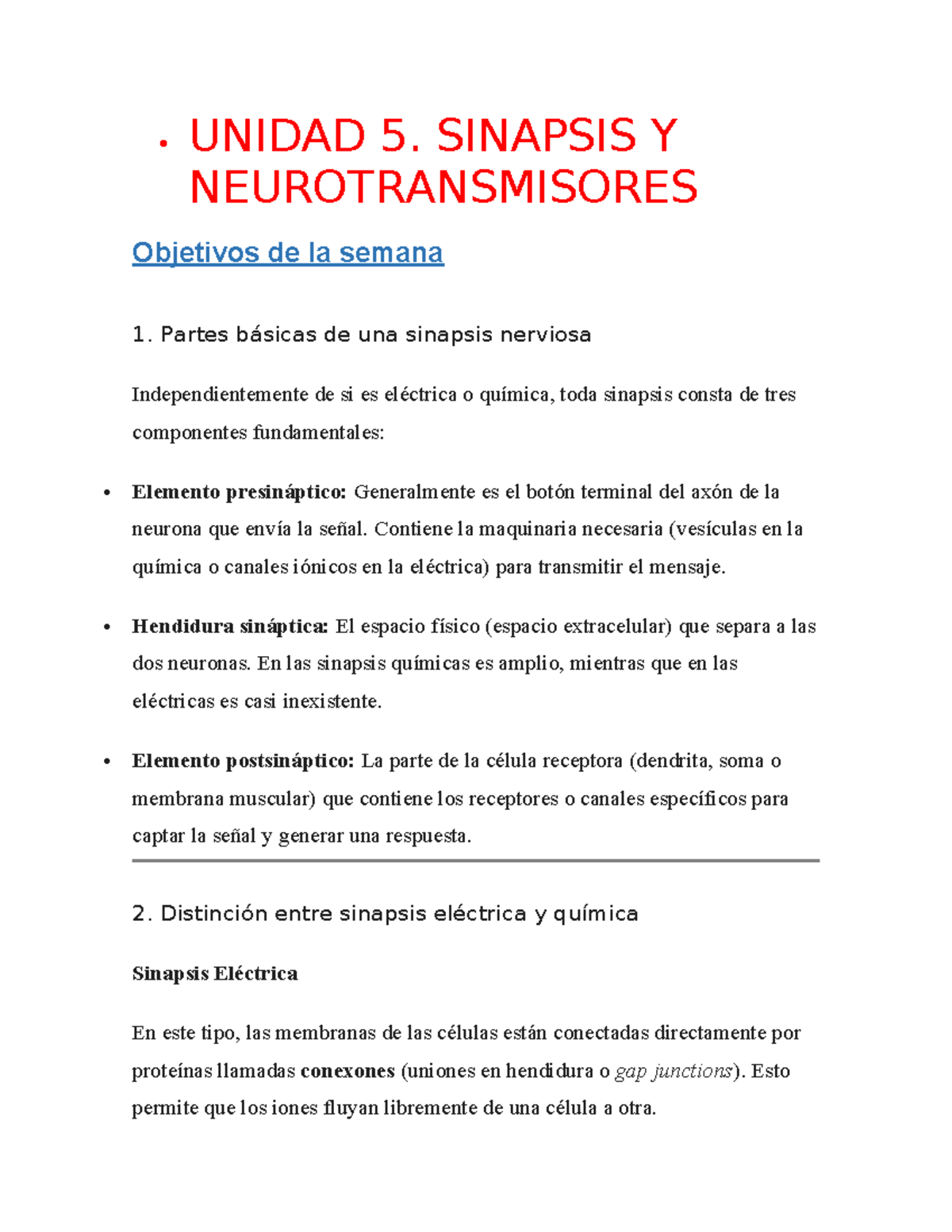 Unidad 5: Sinapsis y Neurotransmisores - Resumen y Funciones - Studocu