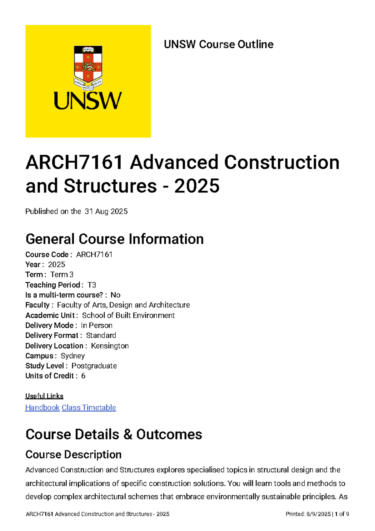 ARCH7161 Advanced Construction and Structures Course Outline 2025 - Studocu