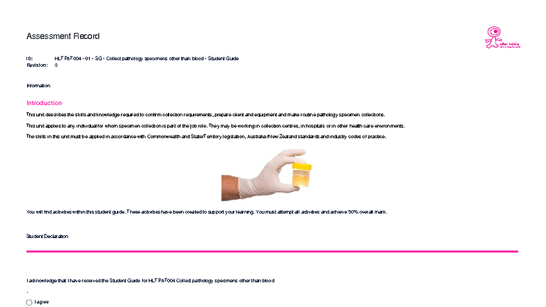 HLTPAT004 Student Guide: Collecting Pathology Specimens (Non-Blood ...