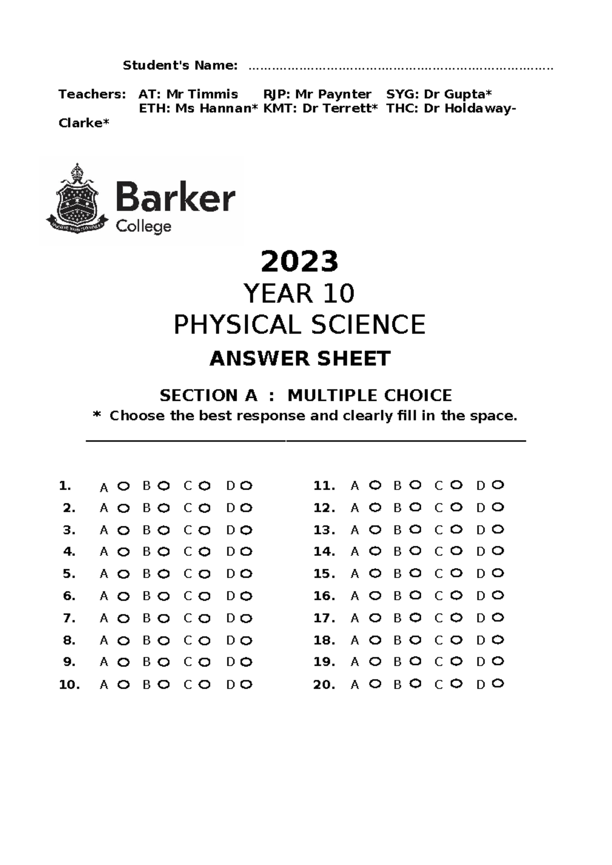 YR 10 Physical Science 2023 V7 Final Exam Answer Sheet - Studocu