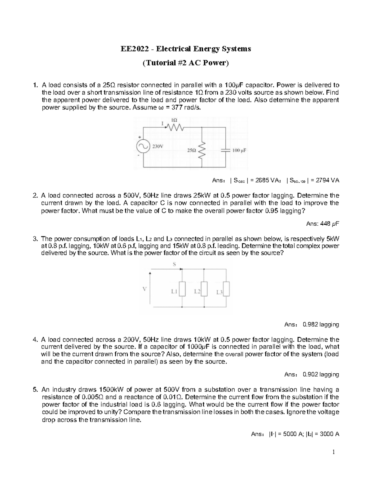 EE2022 Tutorial 2 - AC Power Analysis and Calculations - Studocu