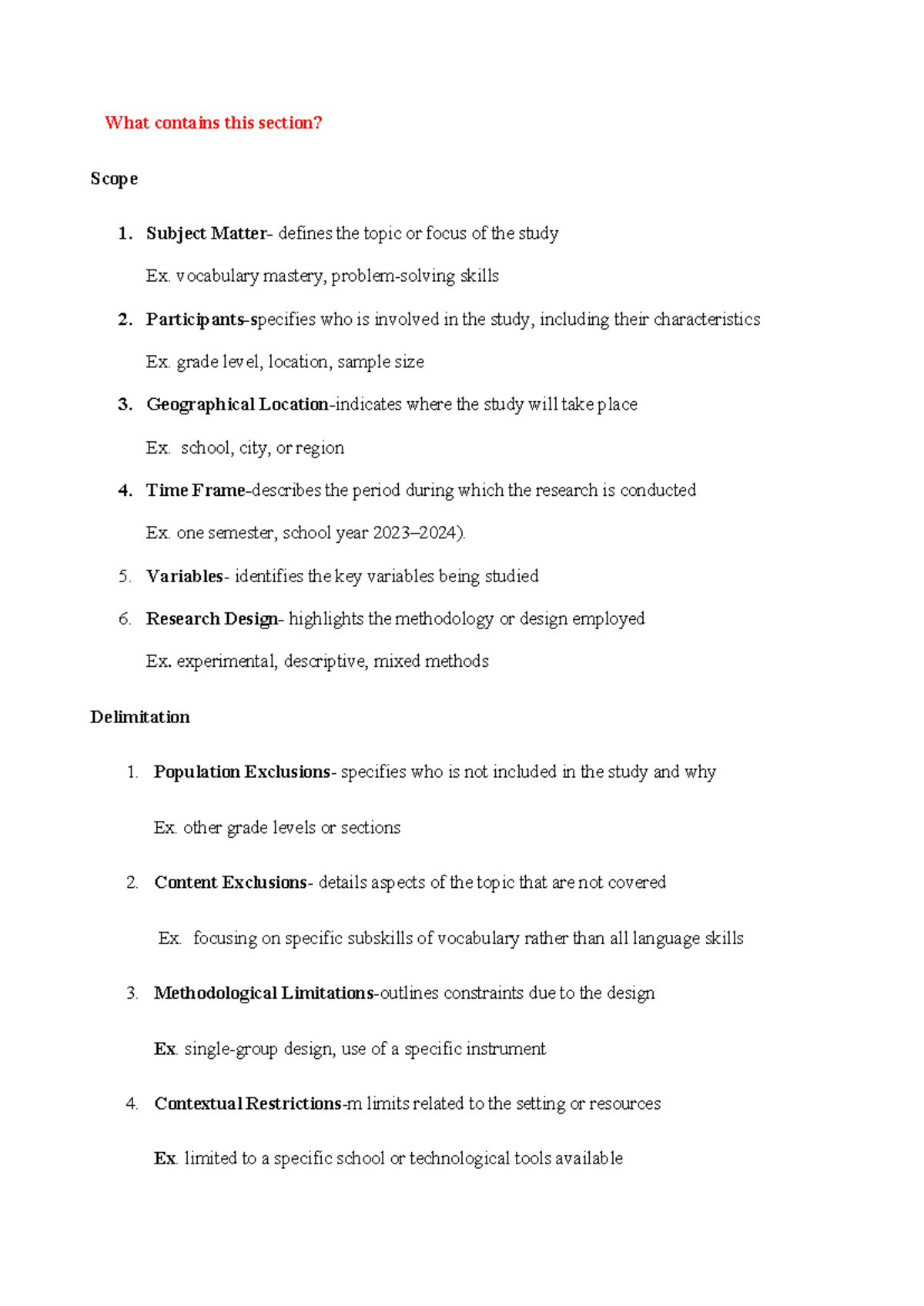 Sample Scope AND Delimitation Definition OF Terms - What contains this ...