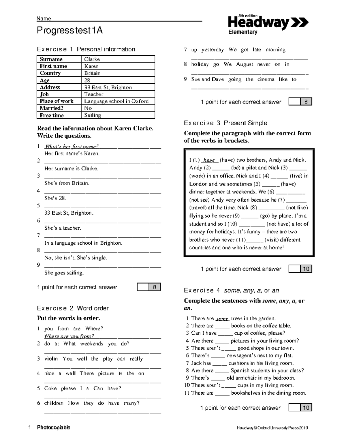 A2 Test - Progress Test 1A Elementary Exercises and Answers - Studocu