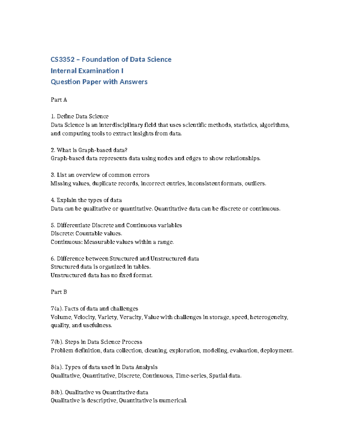 CS3352 Data Science Internal Exam I Q&A: Concepts & Challenges - Studocu