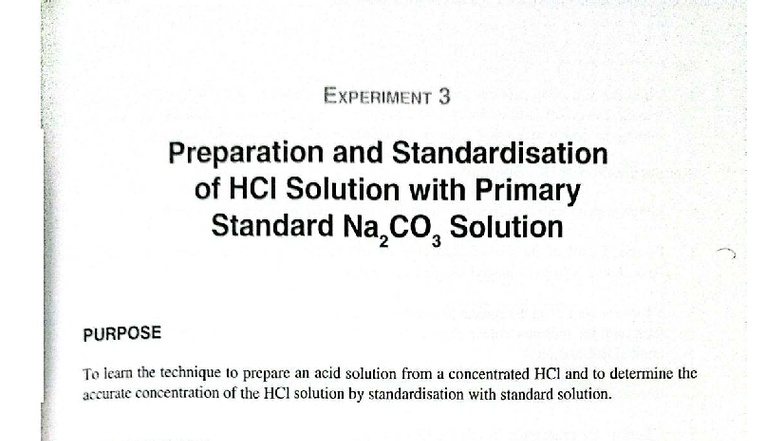 BASIC ANALYTICAL CHEMISTRY: EXPERIMENT 3 - HCl Solution Prep ...