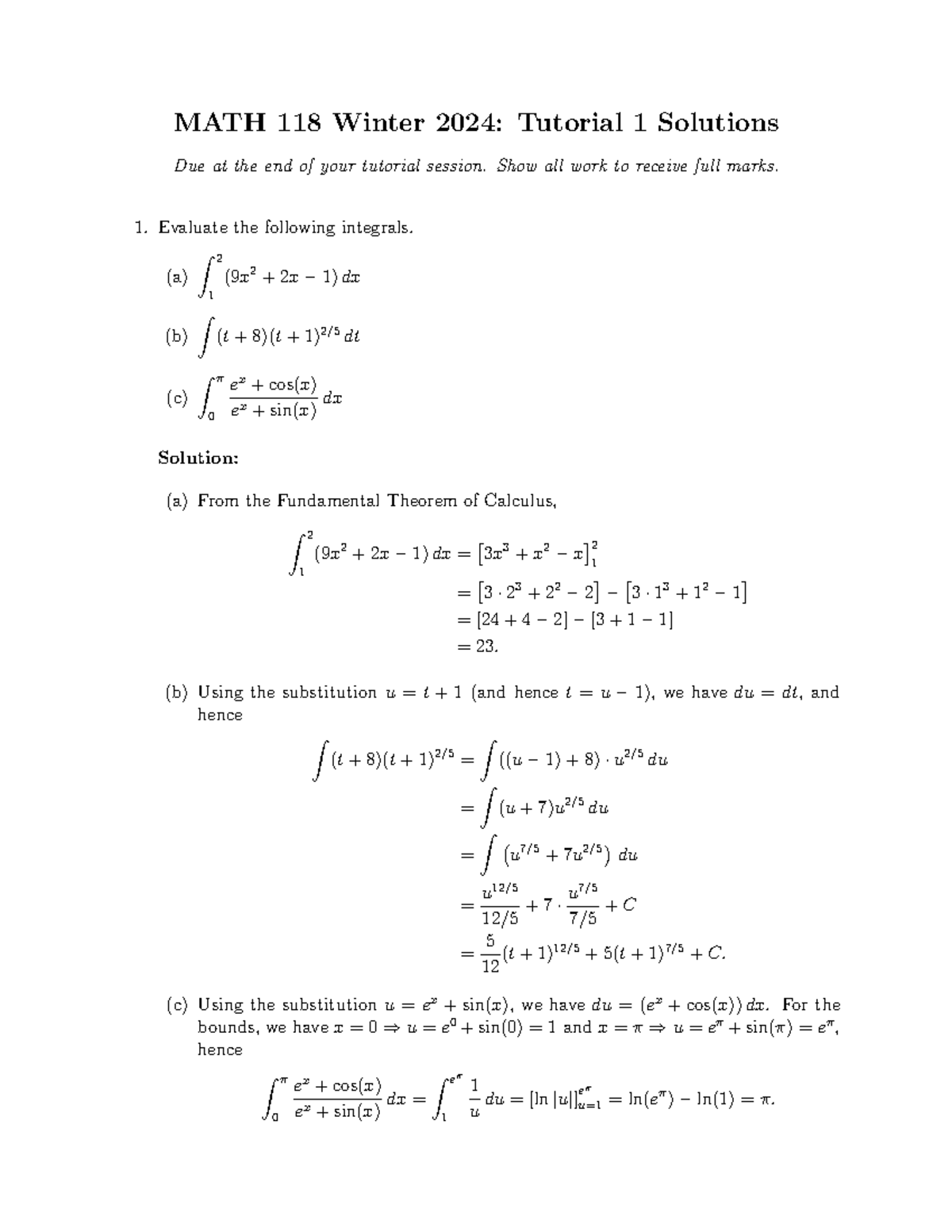 MATH 118 Winter 2024: Tutorial 1 Solutions and Explanations - Studocu