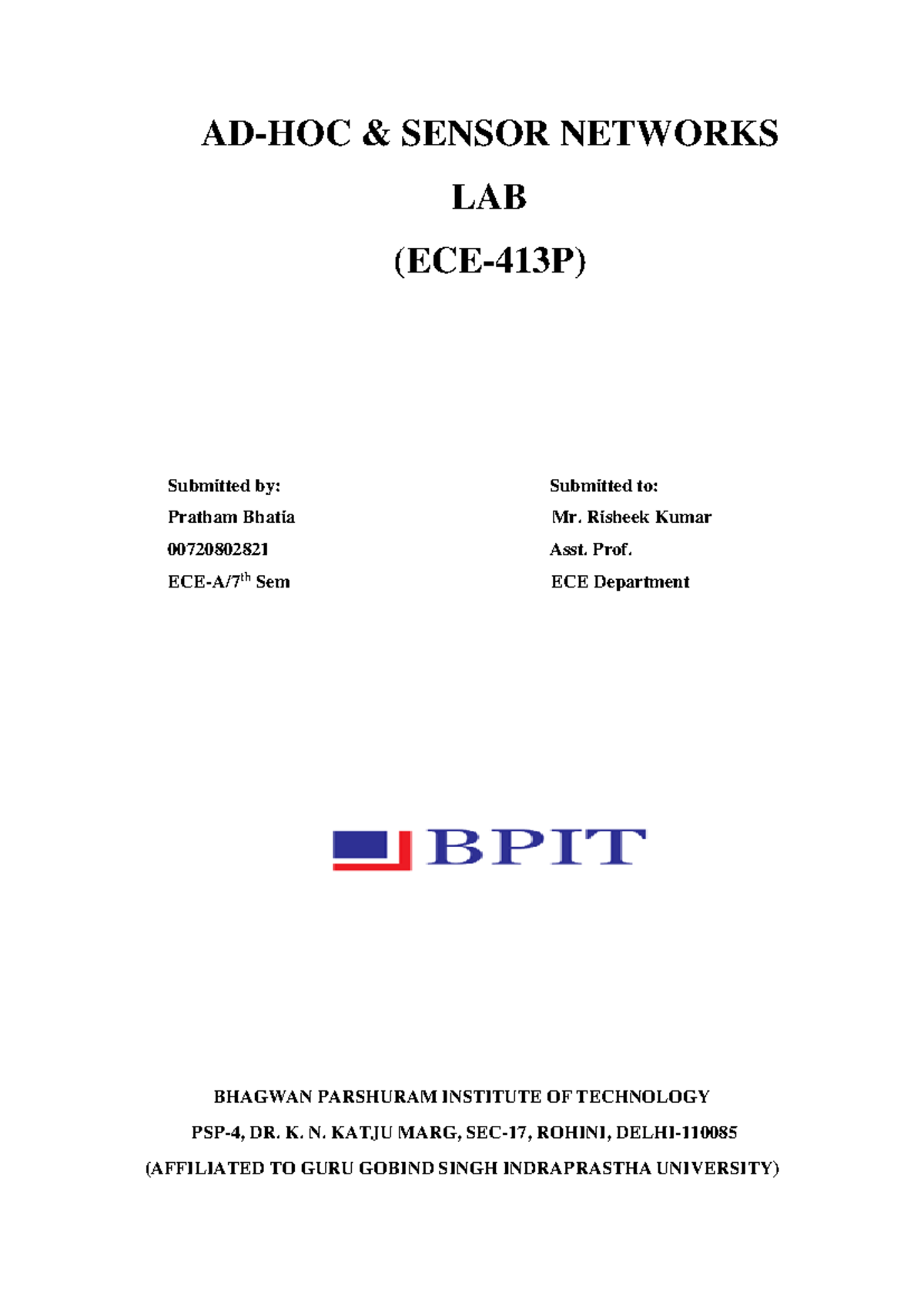 Ad-Hoc & Sensor Networks Lab Report (ECE-413P) - Practical Files - Studocu