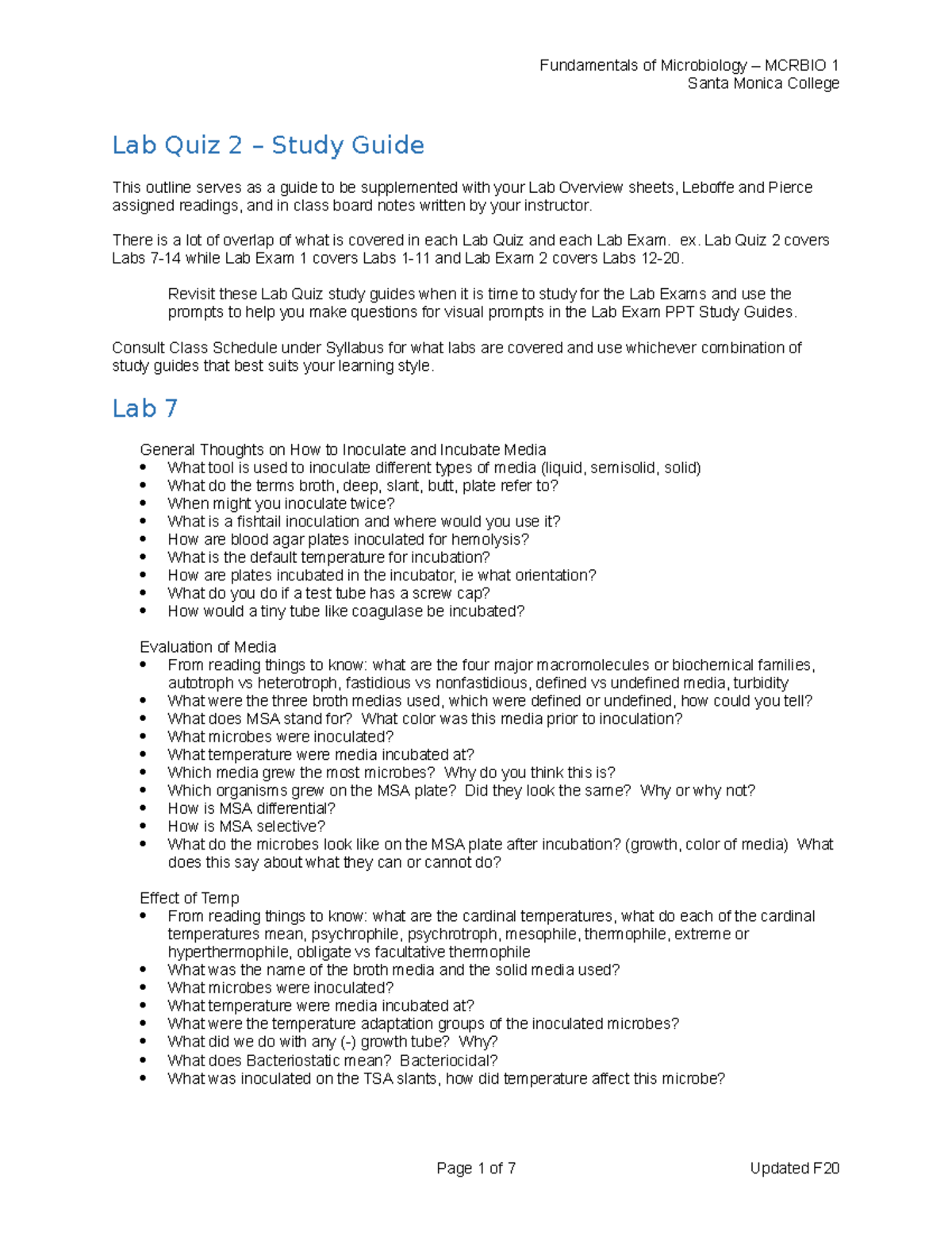 Lab Quiz 2 Study Guide: Key Topics and Concepts at SMC - Studocu