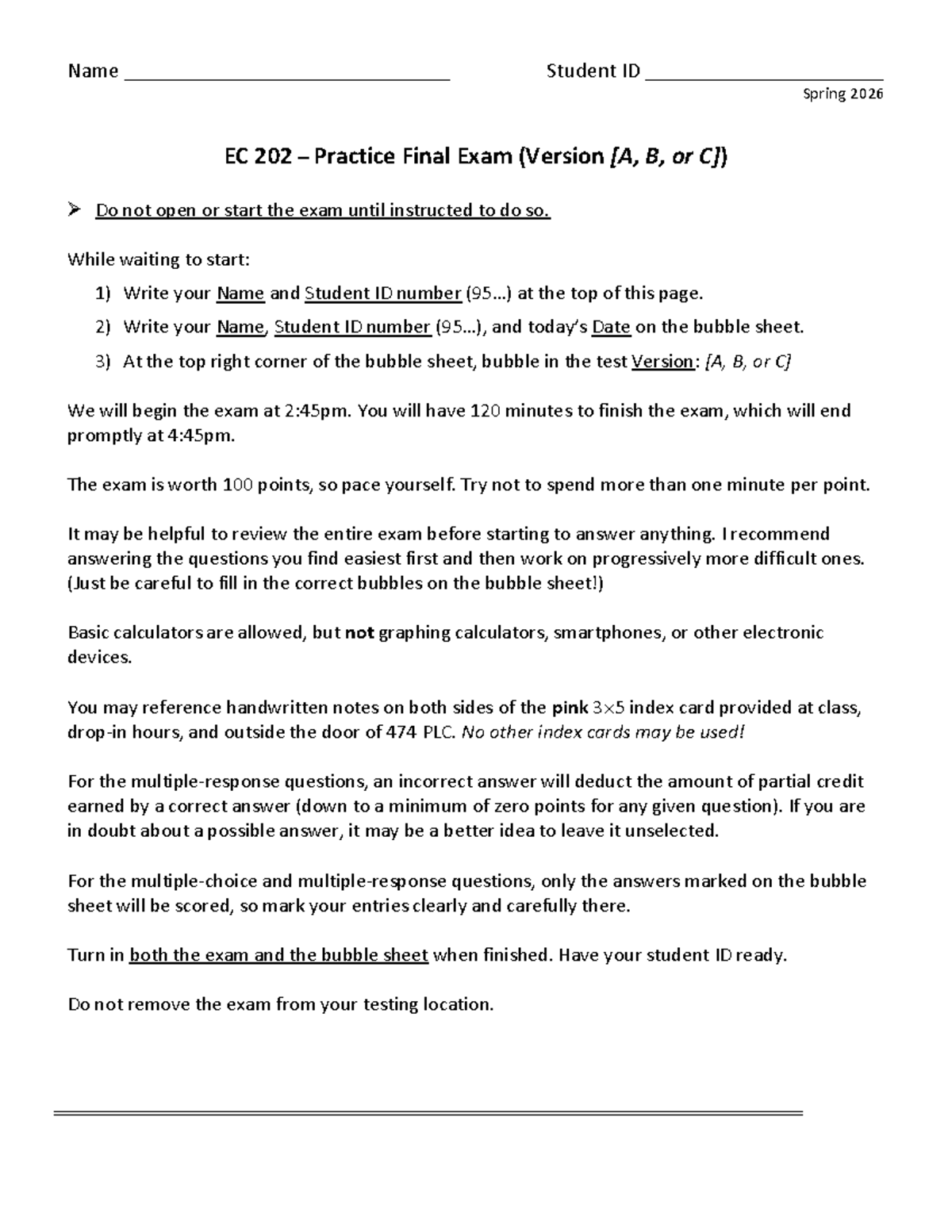 EC 202 Spring 2026 - Practice Final Exam (Version B) - Studocu