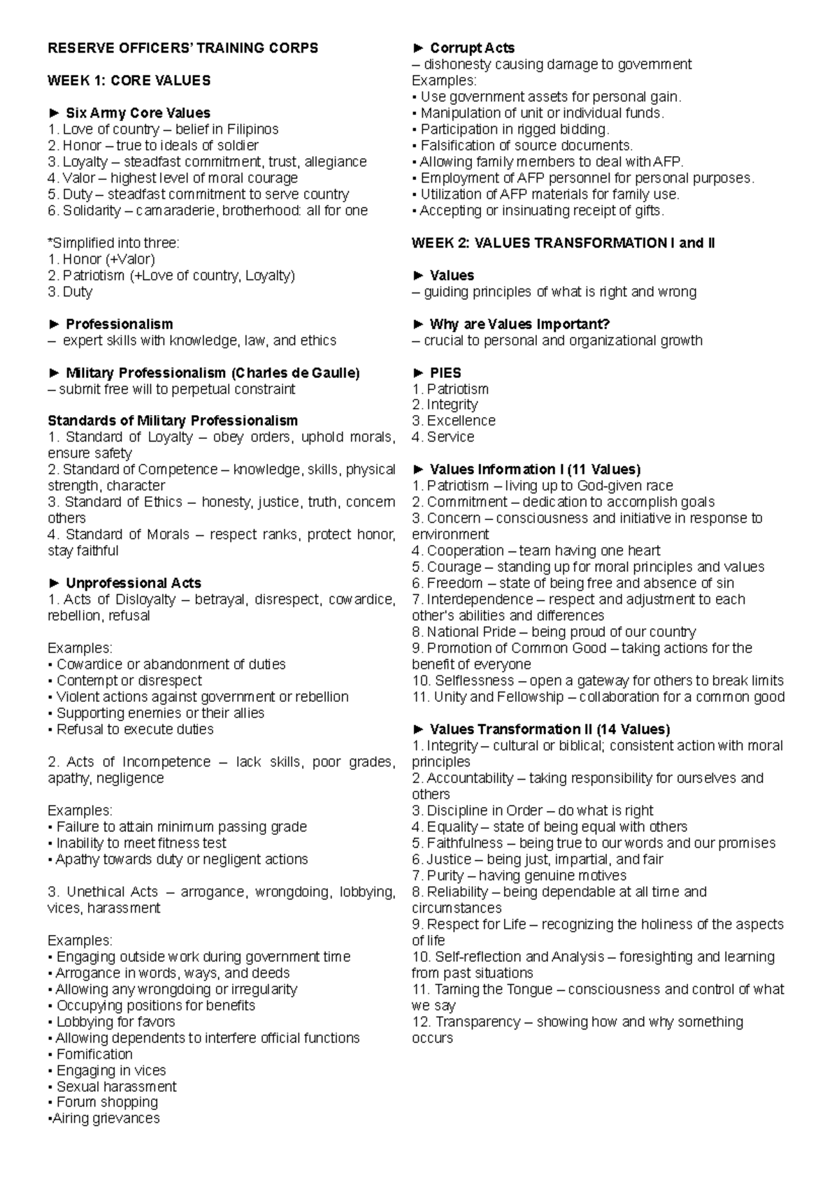 ROTC Notes SEM 1: Core Values & Values Transformation - Studocu