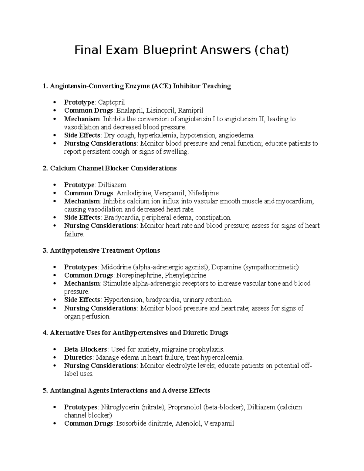 Final Exam Blueprint: Pharmacology Key Concepts and Considerations (ACE ...