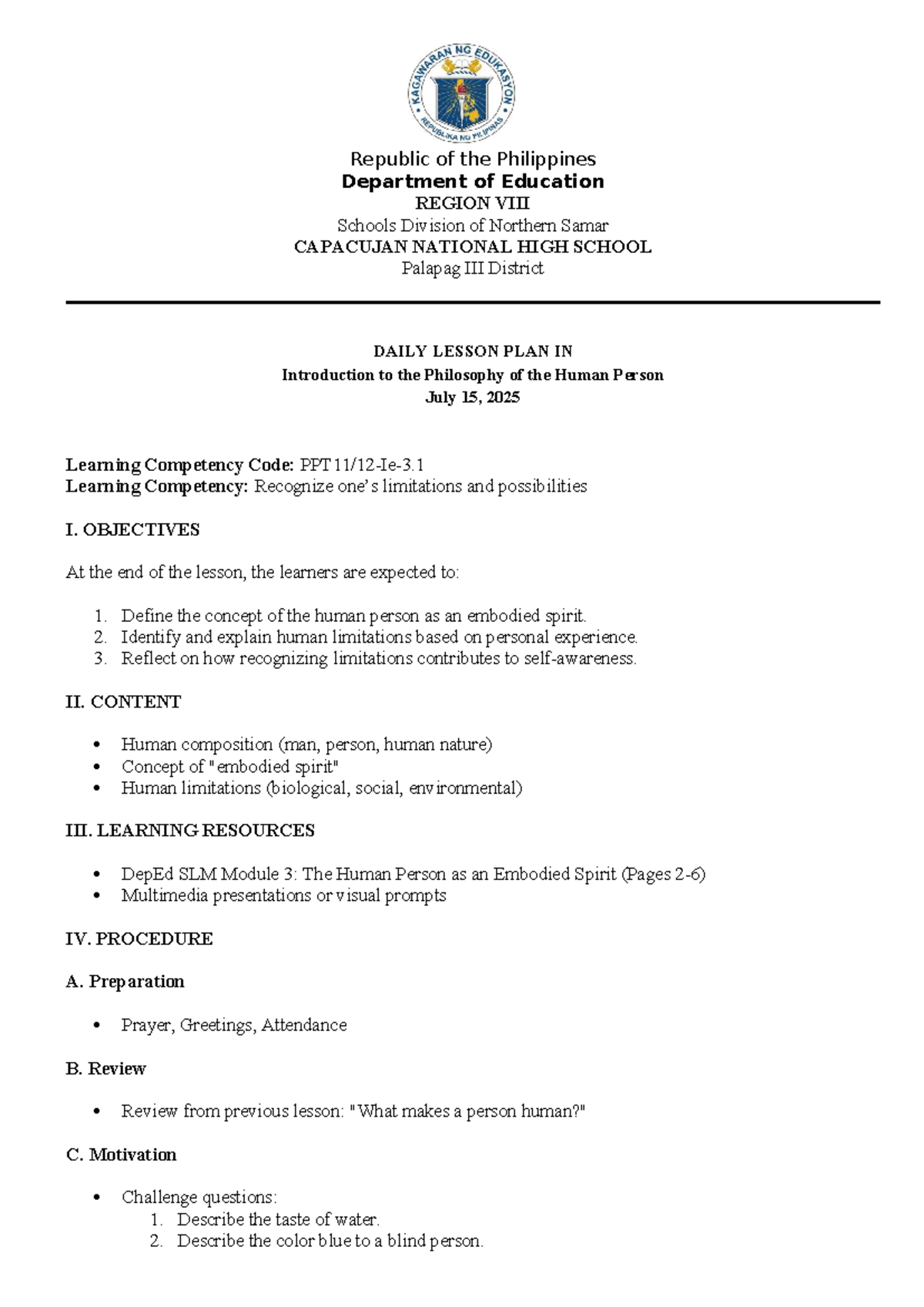 DLP: Introduction to the Philosophy of the Human Person (SHS) Module 3 ...