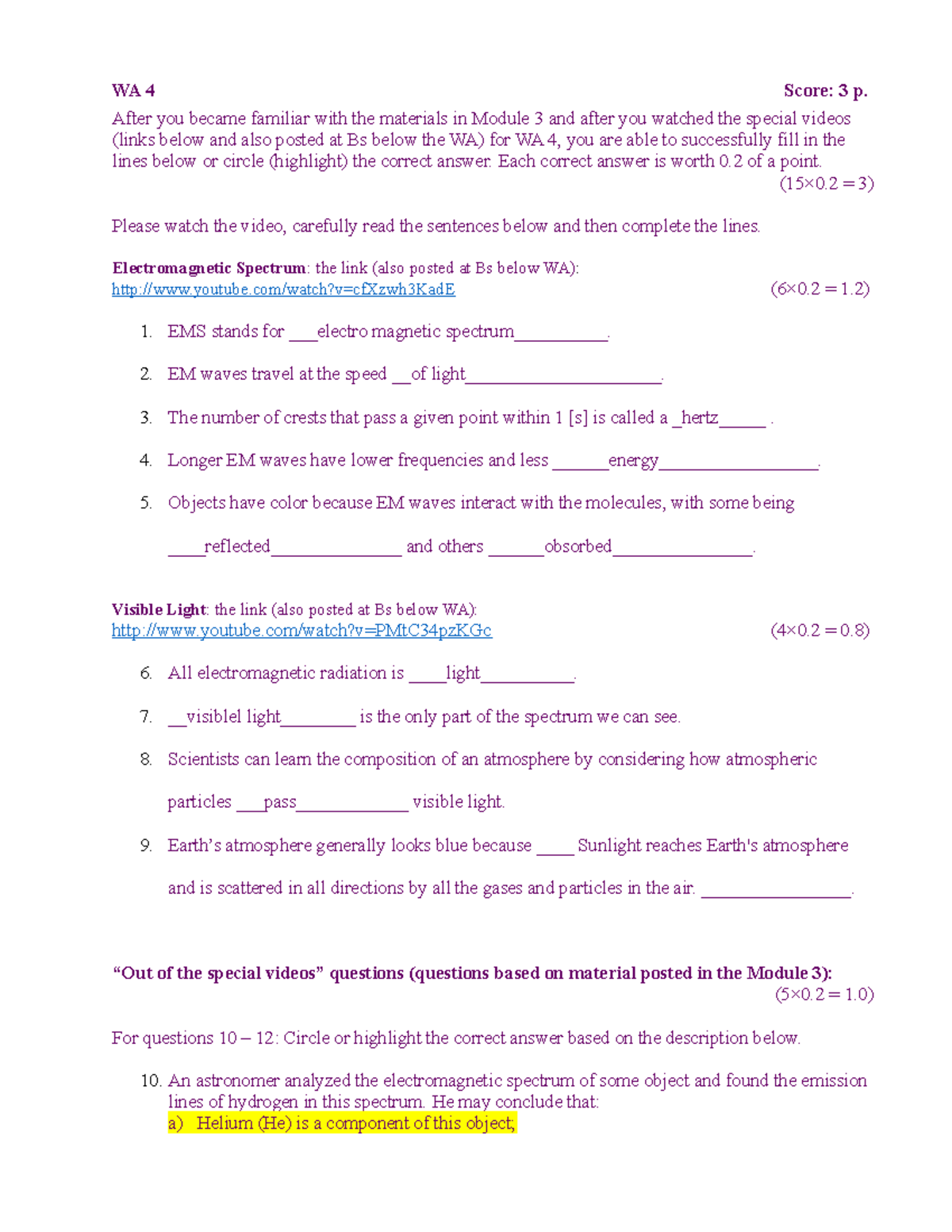 Module 3 WA 4 Assignment: Electromagnetic Spectrum & Visible Light ...