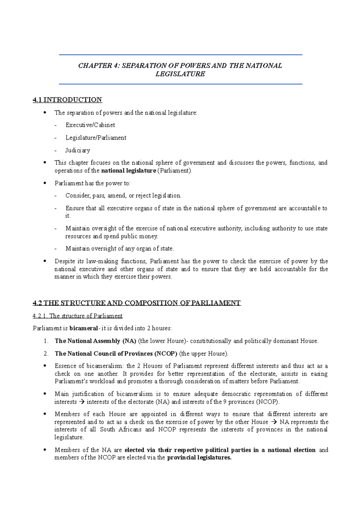 Con Law Ch 4 Summary: Separation of Powers and National Legislature ...