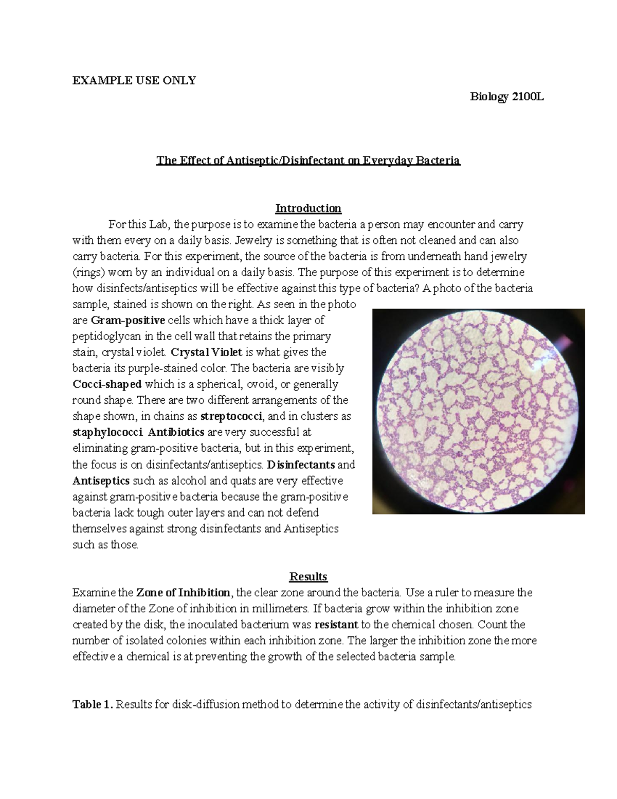 Biology 2100L Lab Report: Antiseptics Against Everyday Bacteria - Studocu