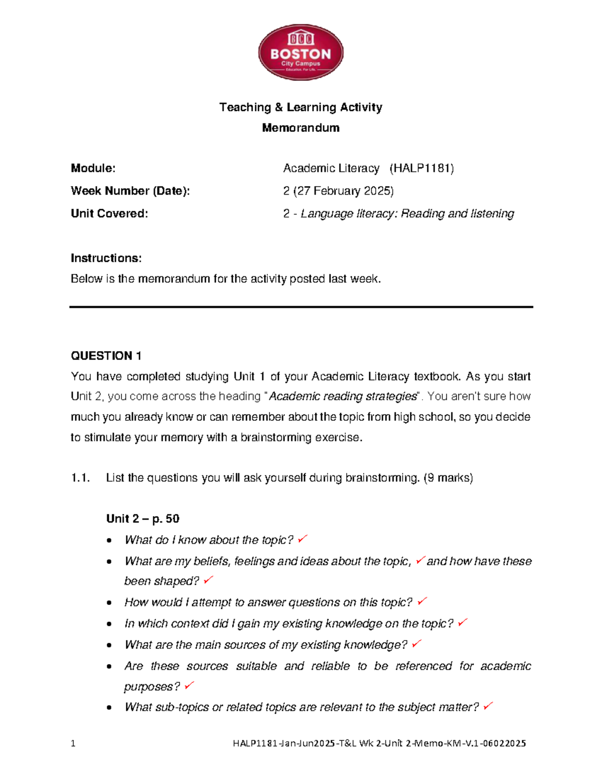 HALP1181 Academic Literacy Week 2 Teaching & Learning Activity Memo ...