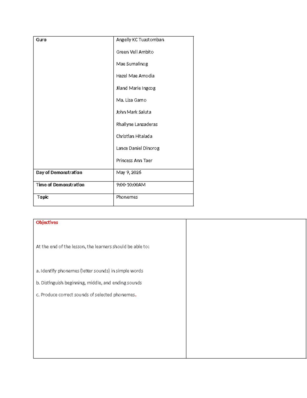 LP for LTS Demo: Phonemes Lesson Plan - May 9, 2026 - Studocu