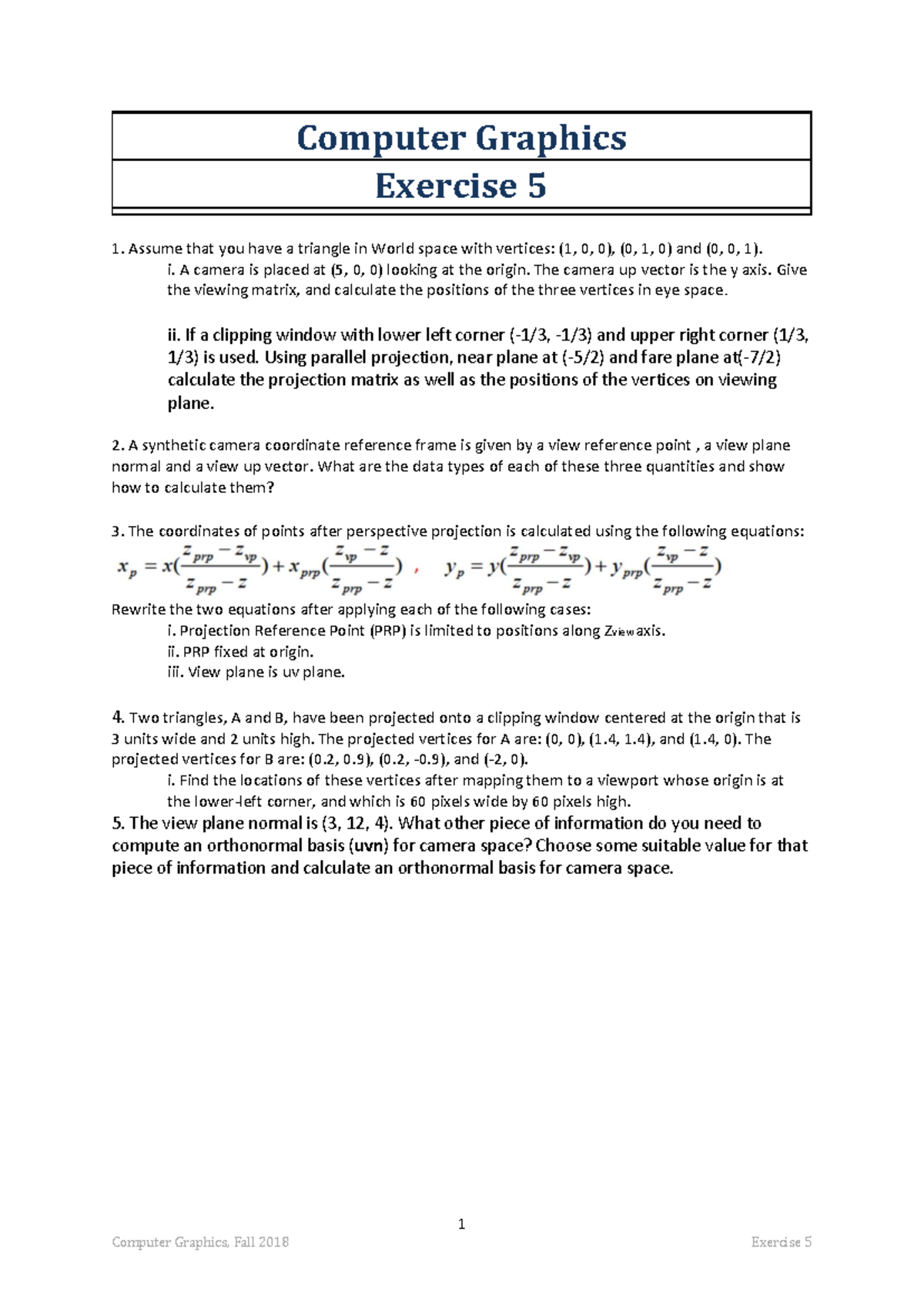 Computer Graphics - Fall 2018 Exercise 5 Practice Problems - Studocu