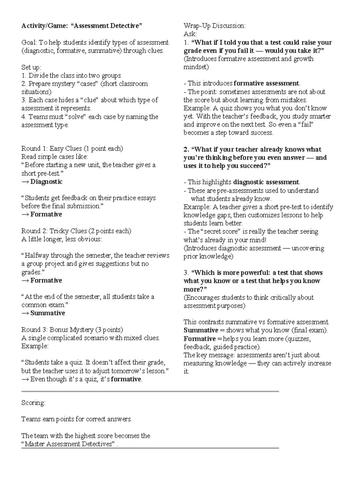 Activity - Assessment Types: Diagnostic, Formative, Summative - Studocu