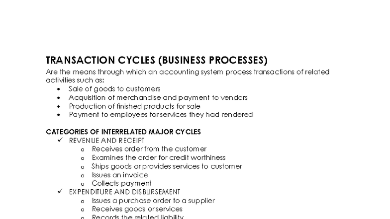 Transaction Cycles (BUSINESS PROCESSES) - Auditing Notes for Review ...