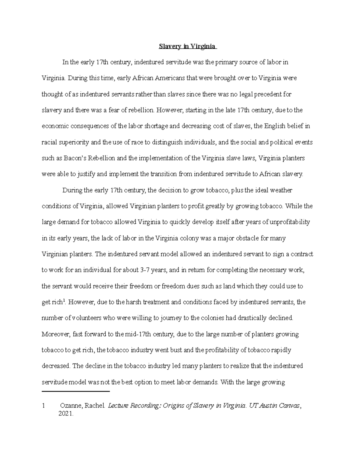 Essay #1 - The Transition from Indentured Servitude to Slavery in VA ...
