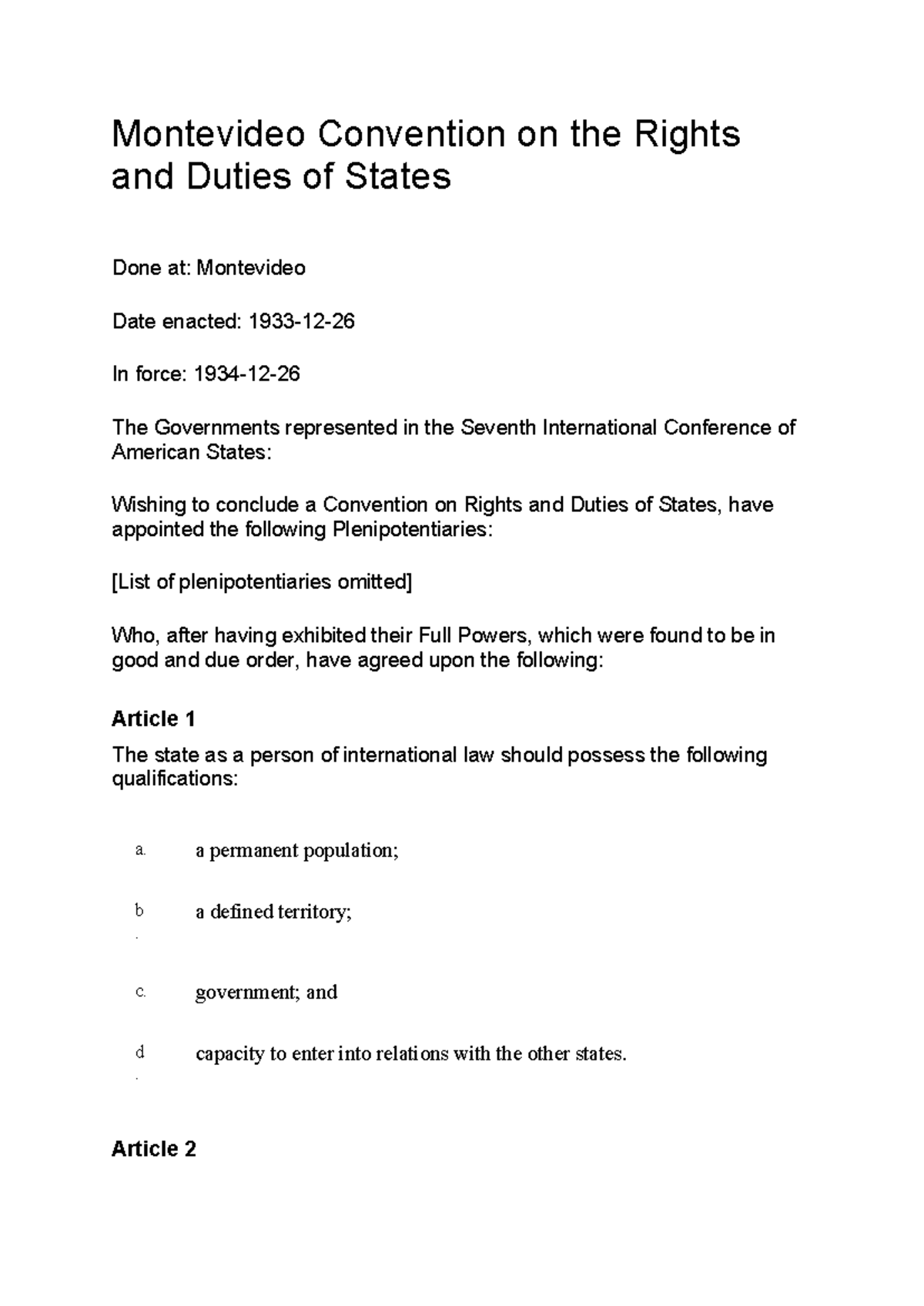 Montevideo Convention on Rights & Duties of States (1933) - Studocu