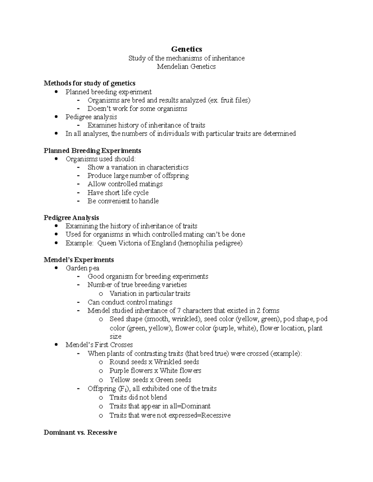 Biology Ch. 14 - Lecture notes from BSC 110H - Genetics Study of the ...