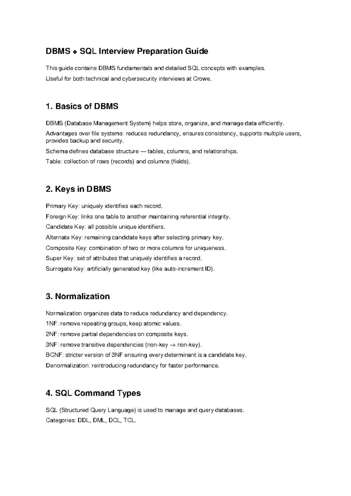DBMS SQL Interview Prep Guide for Technical & Cybersecurity Roles - Studocu