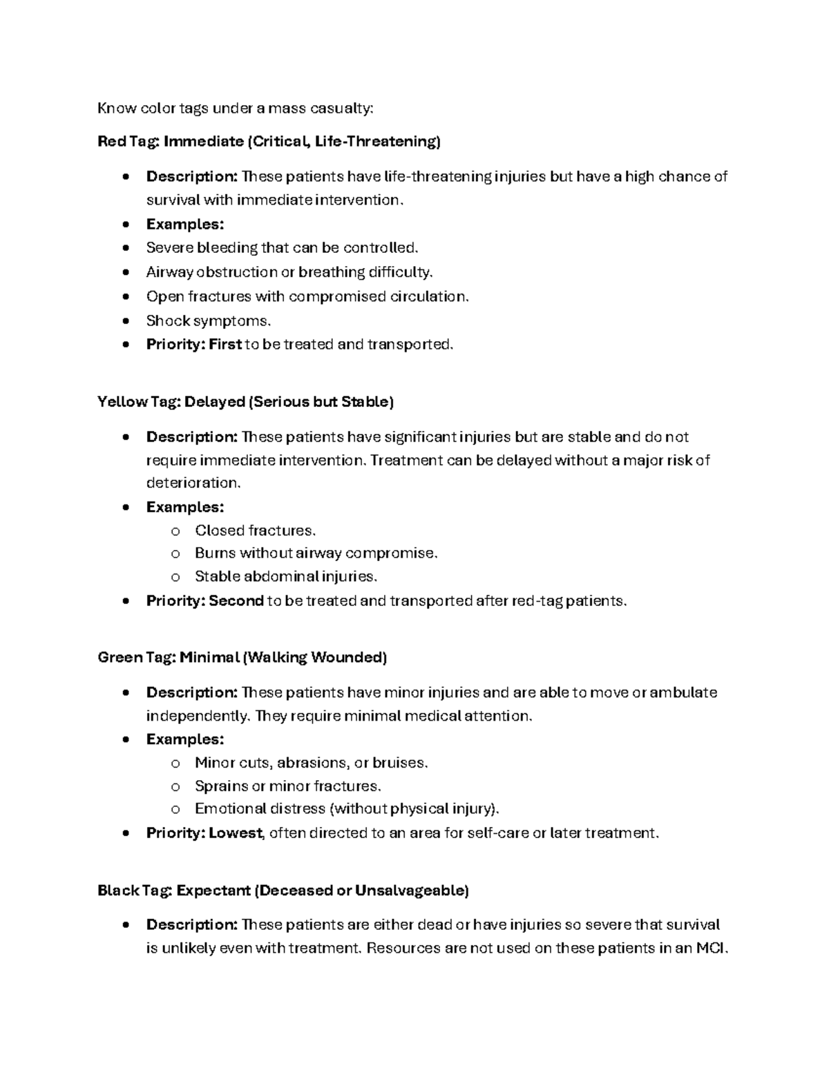 Exam 3 review 2025 - Good - Know color tags under a mass casualty: Red ...