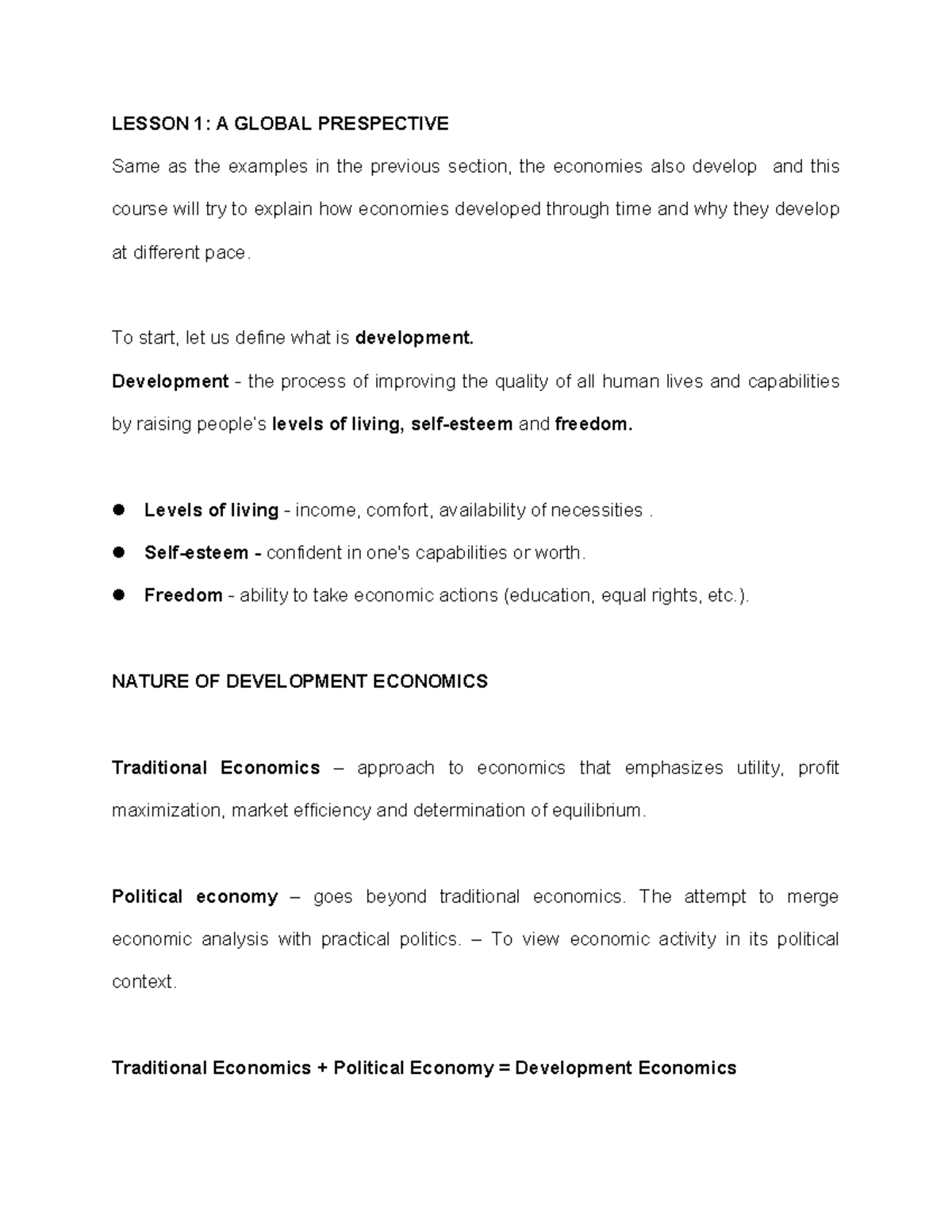ED 101: Summary of Development Economics Concepts and Perspectives ...