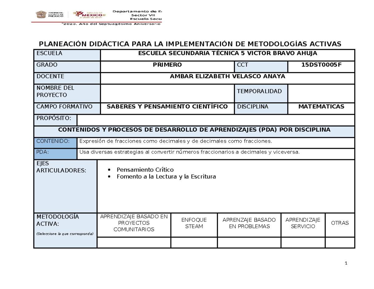 Formato Planeación Didáctica PARA LA Implementación DE Metodologías