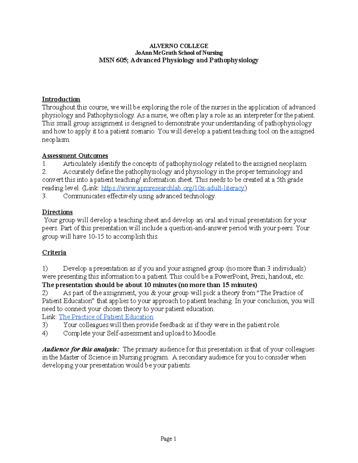 MSN605 Advanced Patho PHYS Outline Project - ALVERNO COLLEGE JoAnn ...