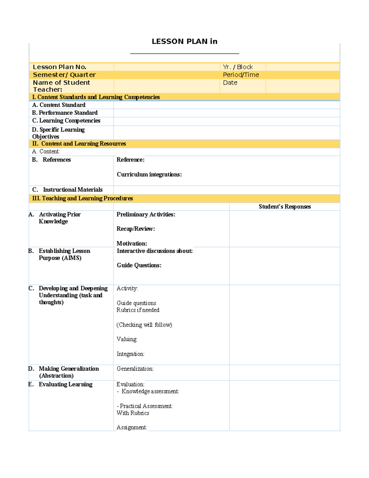 EED 118 Lesson Plan Format and Guidelines - Studocu