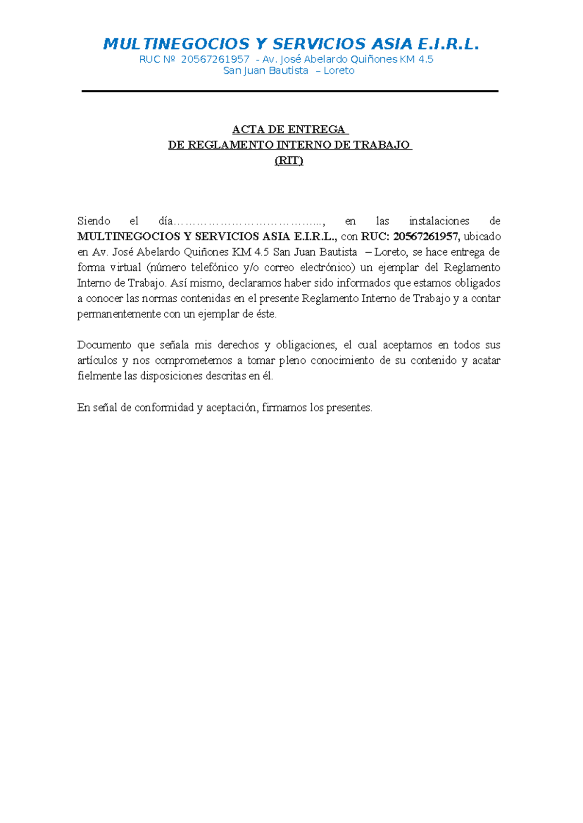 ACTA DE ENTREGA DEL REGLAMENTO INTERNO - RIT ASIA - Document Preview
