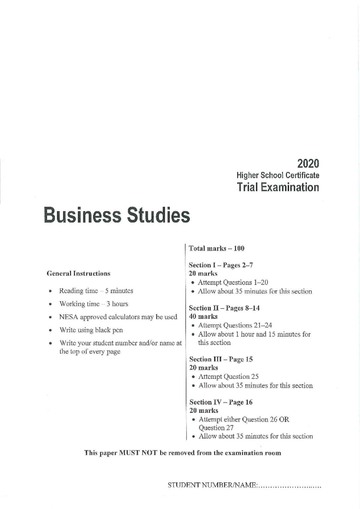 2020 HSC Trial Exam Business Studies Paper - Independent Study Notes ...