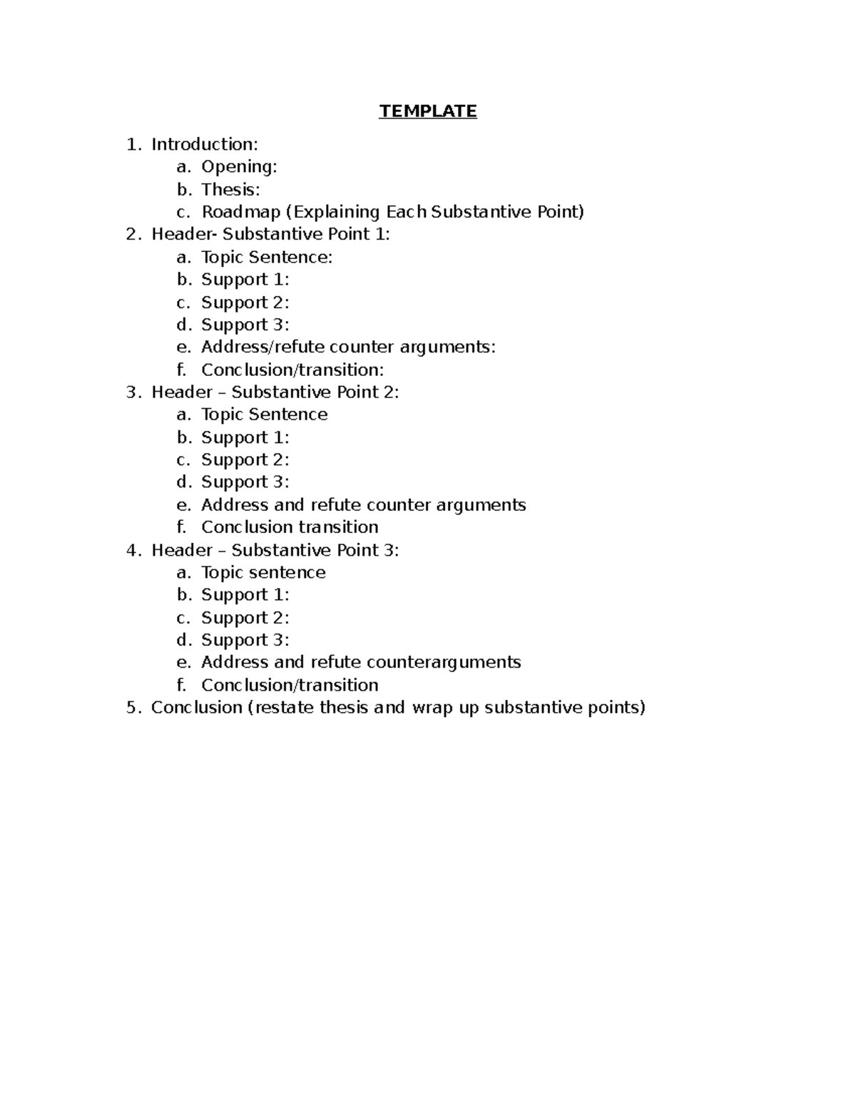 Essay Template - TEMPLATE Introduction: a. Opening: b. Thesis: c ...