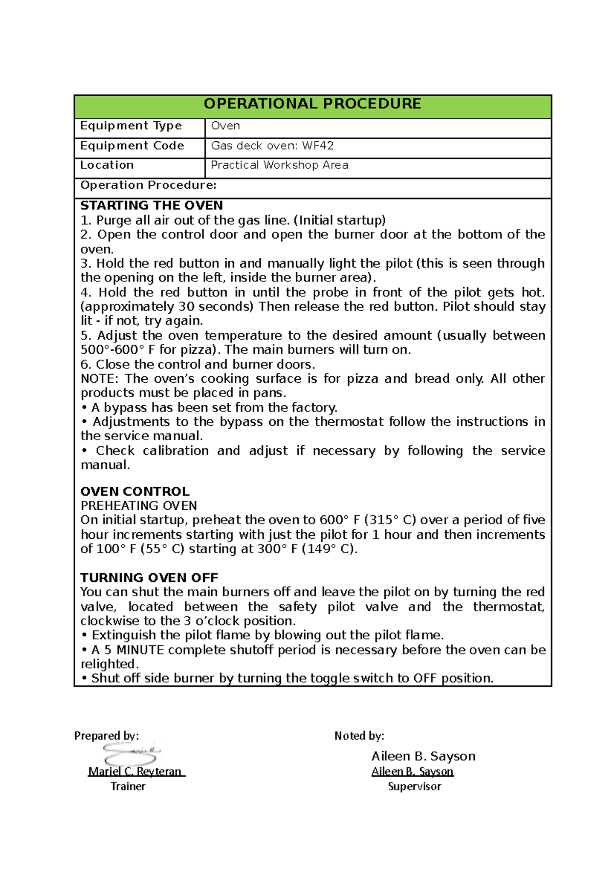 Operational Procedures for Industrial Oven - BREAD AND PASTRY PROD NC ...