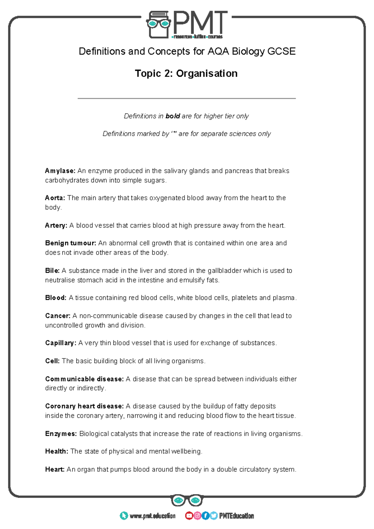 Definitions for AQA Biology GCSE Topic 2: Organisation (Higher Tier ...