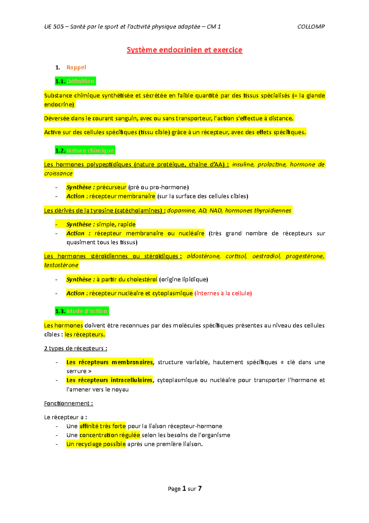 CM 1 - Système endocrinien et exercice - Collomp - Système endocrinien ...