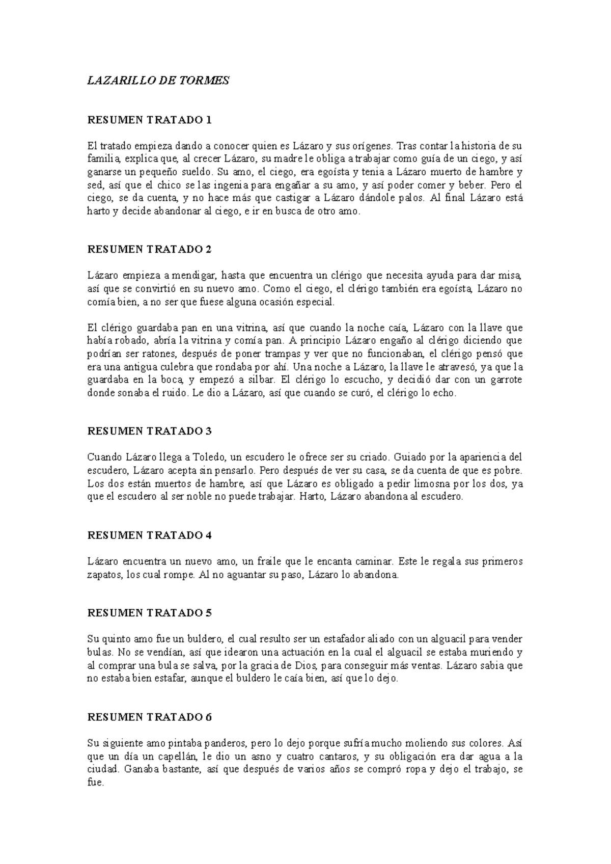 Resumen de Lazarillo de Tormes - Tratados 1 a 7 - Studocu