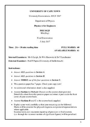 PHY1012F Class Test 01 - March 2024 - University of Cape Town - SURNAME ...