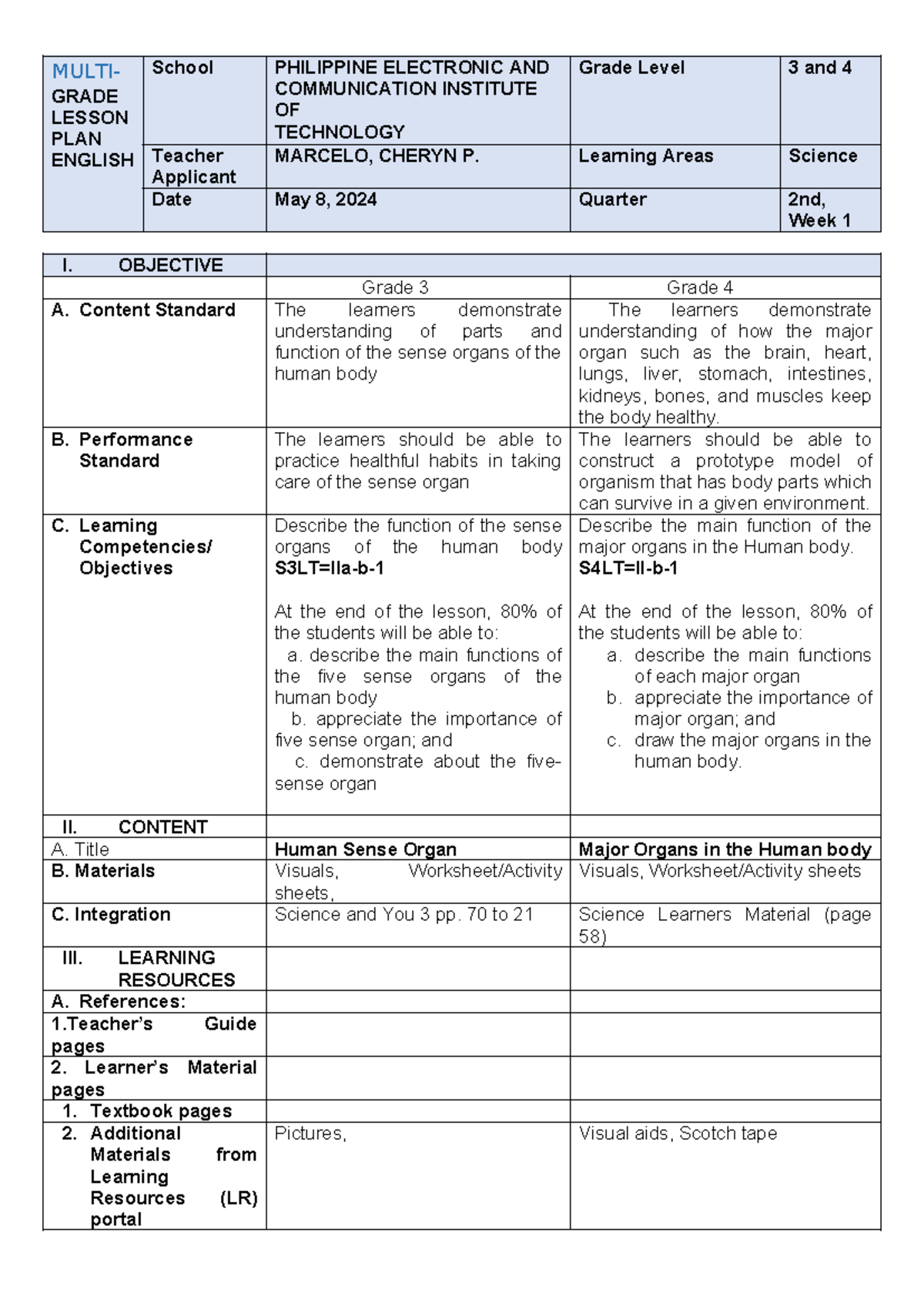 Multigrade Lesson Plan on Human Sense & Major Organs in Grade 3-4 - Studocu