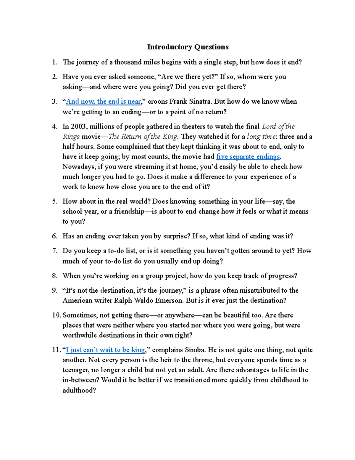 Introductory Questions: Exploring Endings and Journeys - Studocu