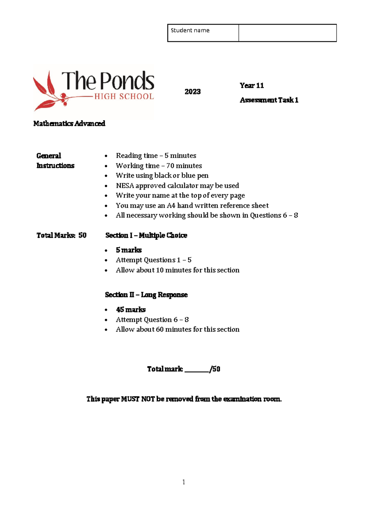 2023 Year 11 Mathematics Advanced Assessment Task 1 Exam Guide - Studocu