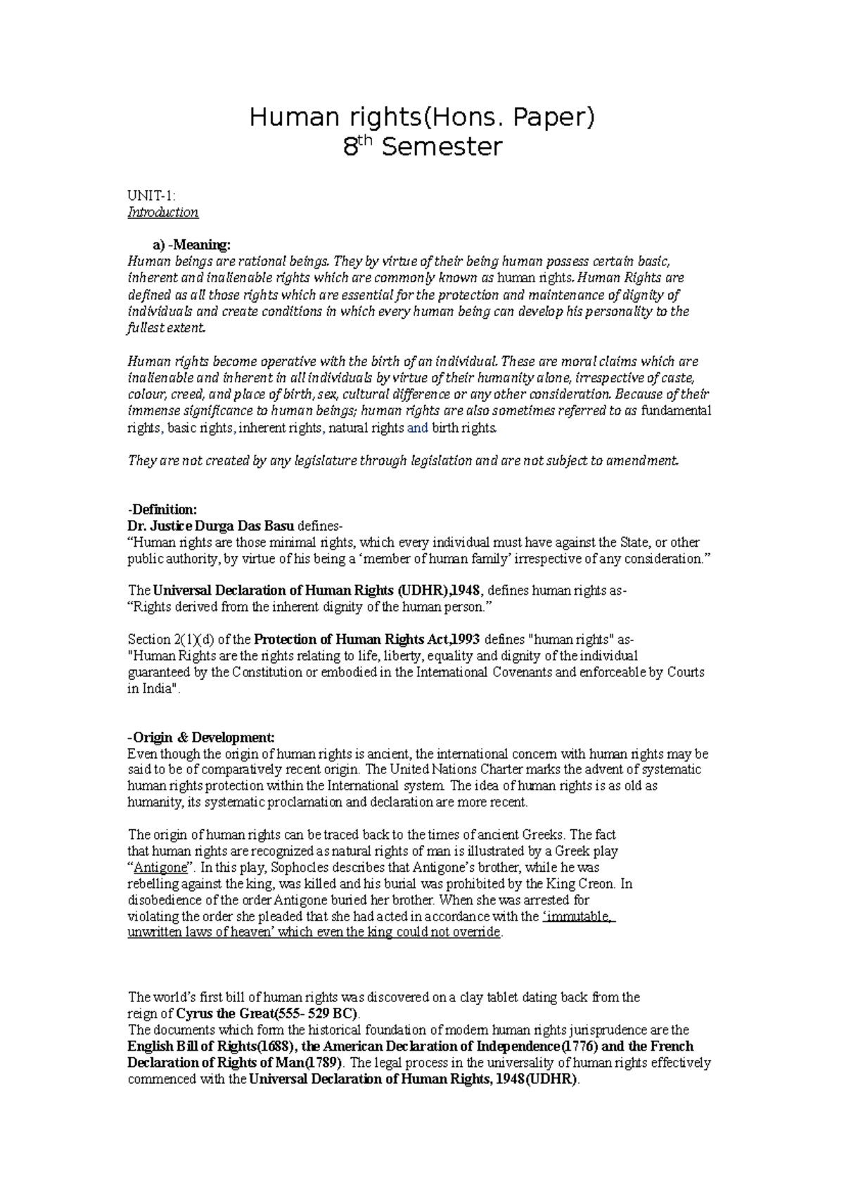 Human Rights Study Notes for 8th Semester - Comprehensive Guide - Studocu