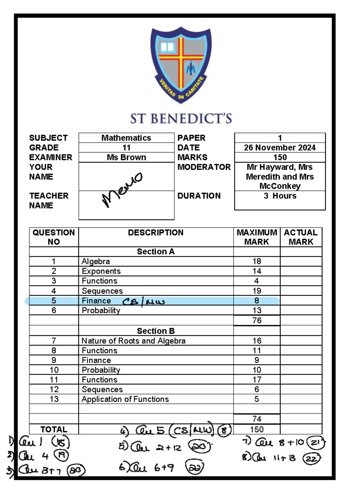Mathematics 11 November Exam 2024 Paper 2 Memo - Studocu
