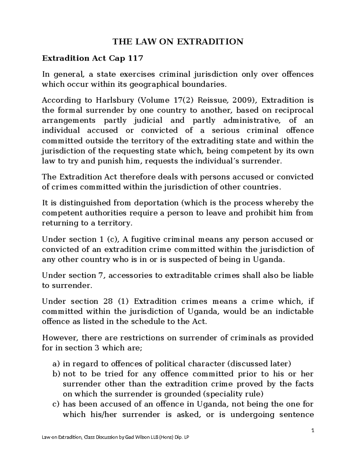 Extradition Proceedings Under the Extradition Act Cap 117: Class ...
