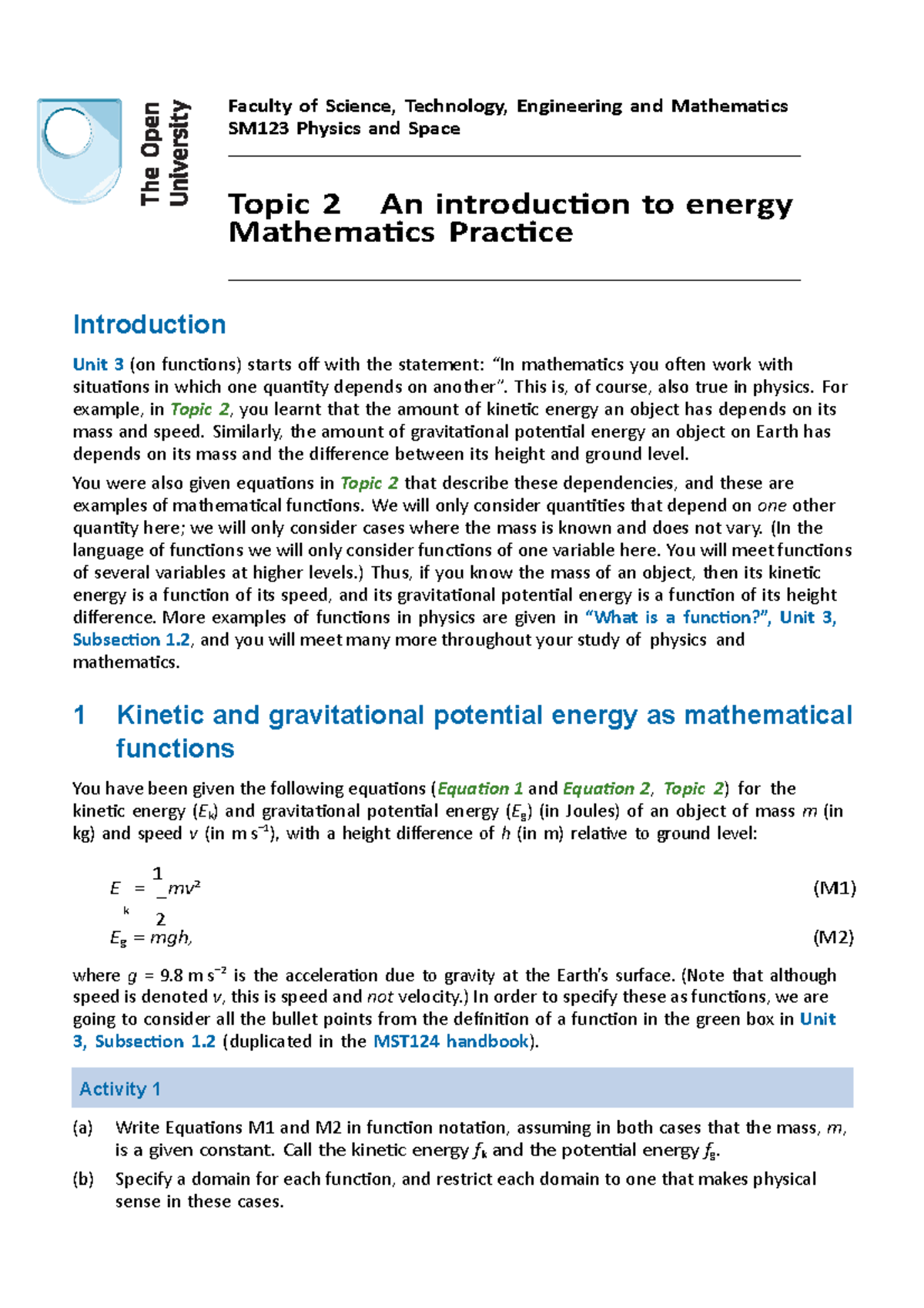 Maths topic 2 energy - Faculty of Science, Technology, Engineering and ...
