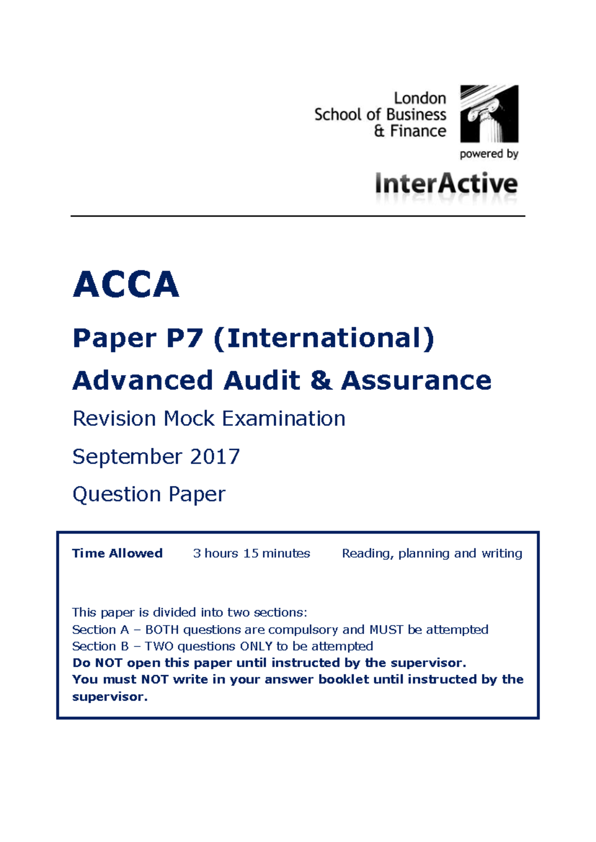 Mock P7 Sep 2017 Questions - ACCA Paper P7 (International) Advanced ...